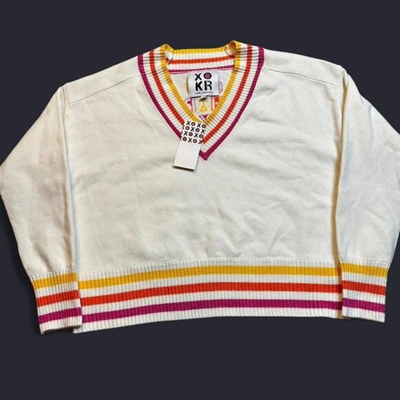 Kerri Rosenthal Striped V-Neck Varsity Tennis Sweater “Get‎ Happy” medium - Picture 1 of 5